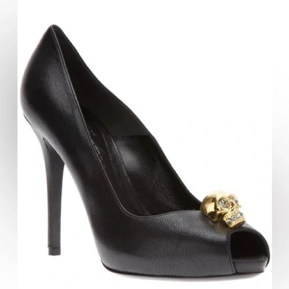 Alexander McQueen Skull Peep Toe Pumps Gold Skull Crystals Black Leather - Picture 3 of 15